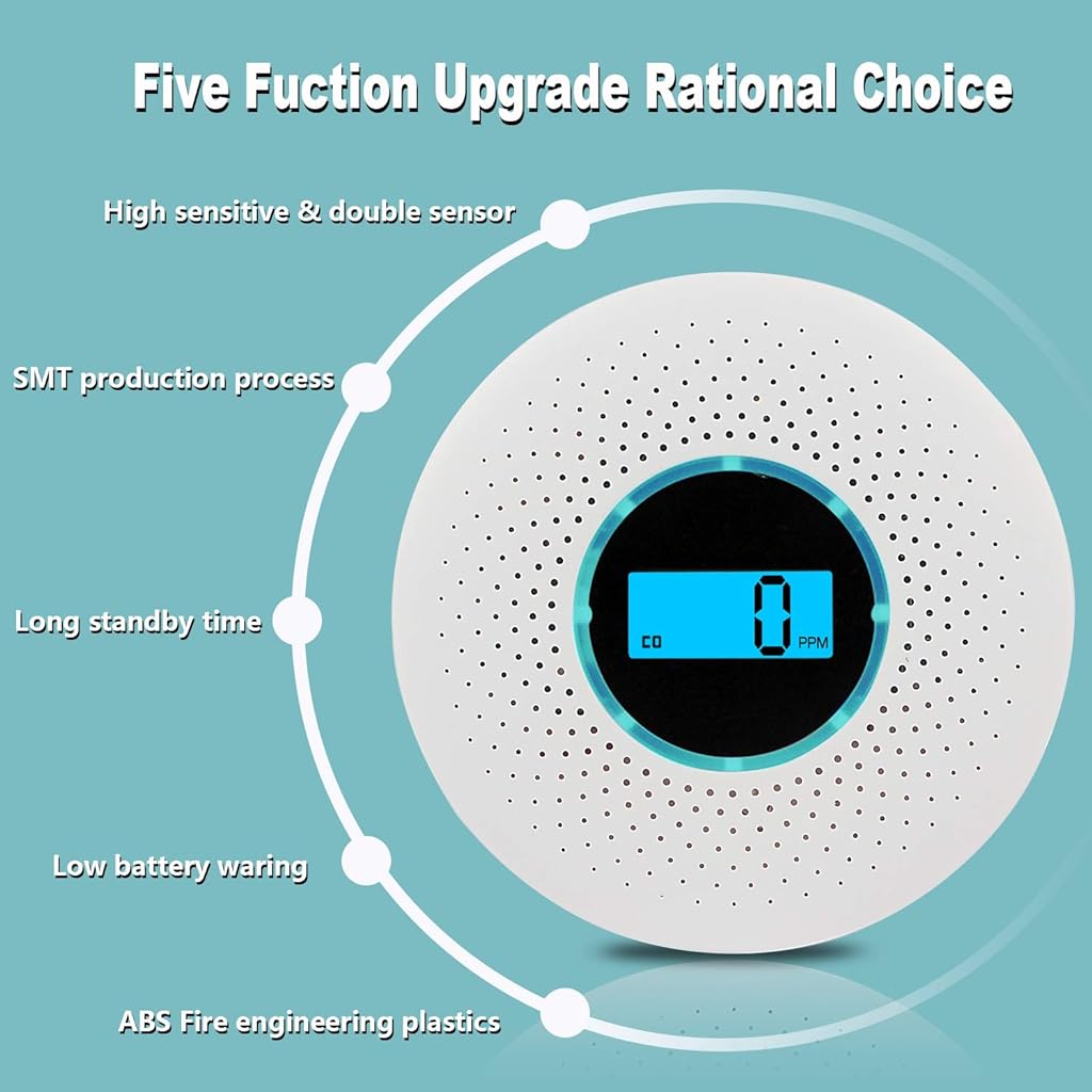 Smoke Detector 2 in1 Carbon Monoxide & Smoke Detector with Alarm, Fire Alarm Battery Operated with 80db Sound and Light Warning Alarm for Home Bedroom Office