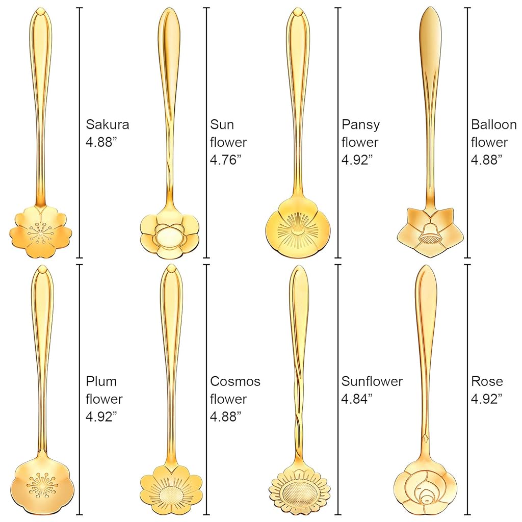 8 Pieces Flower Spoon Coffee Teaspoon Set, 410 Stainless Steel Tableware, Reusable Sugar Spoon Tea Spoon Stir Bar Spoon Stirring Spoon, 8 Different Patterns (Golden)