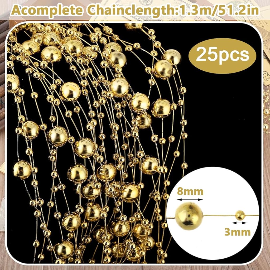 25Pcs Pearl String for Floating Candles Centerpiece, Faux Pearl Beads Vase Filler for Wedding Table Décor, Gold