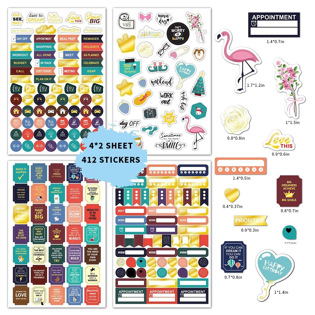 8 Sheets Label Planner Stickers - Colorful Yearly Monthly Set for Planners, Journals, and Calendars - 412Pcs Stickers - Great Value Pack for Educators, Homeschoolers, and Students