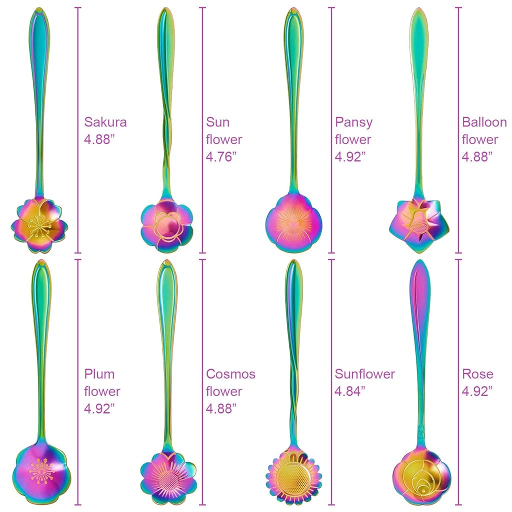 8Pcs Colorful Stainless Steel Coffee Spoon Set, Reusable Teaspoons Coffee Sugar Stirring Spoon, Dessert Cake Spoons Tea Scoops (Rainbow Flower)