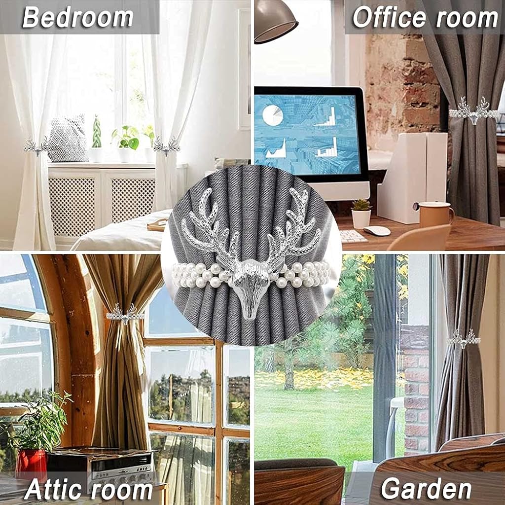 2pcs Curtain Holders Tieback Metal TieBacks with Classy Small Pearl Elastic Rope Curtains Tie Backs for Home Office Hotel Window Drape Decor (Silver)