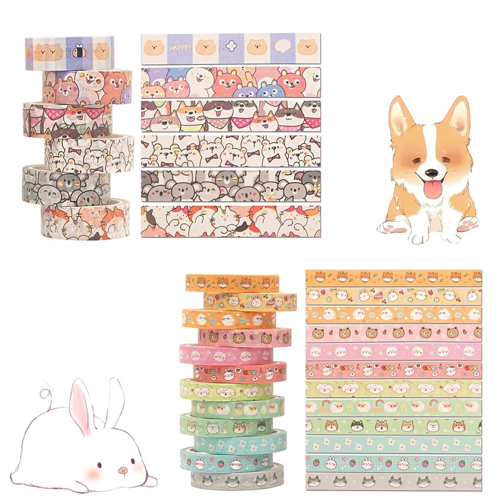 18 Rolls Cute Pets Washi Tape Set Gold Embellishment Decorative Masking Tapes for Arts, DIY Crafts, Bullet Journals, Planners, Scrapbook, Wrapping,Travel