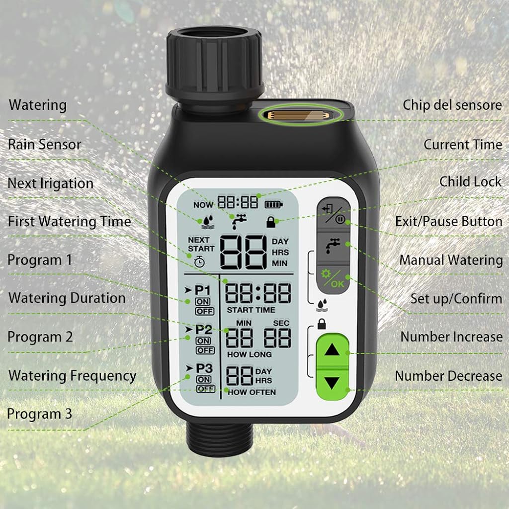 HASTHIP® Drip Irrigation Timer for Garden Farm, Irrigation Water Timer with Rainy Sensor + Multi Programs Automatic Watering System, Waterproof Digital Irrigation Timer System for Lawns