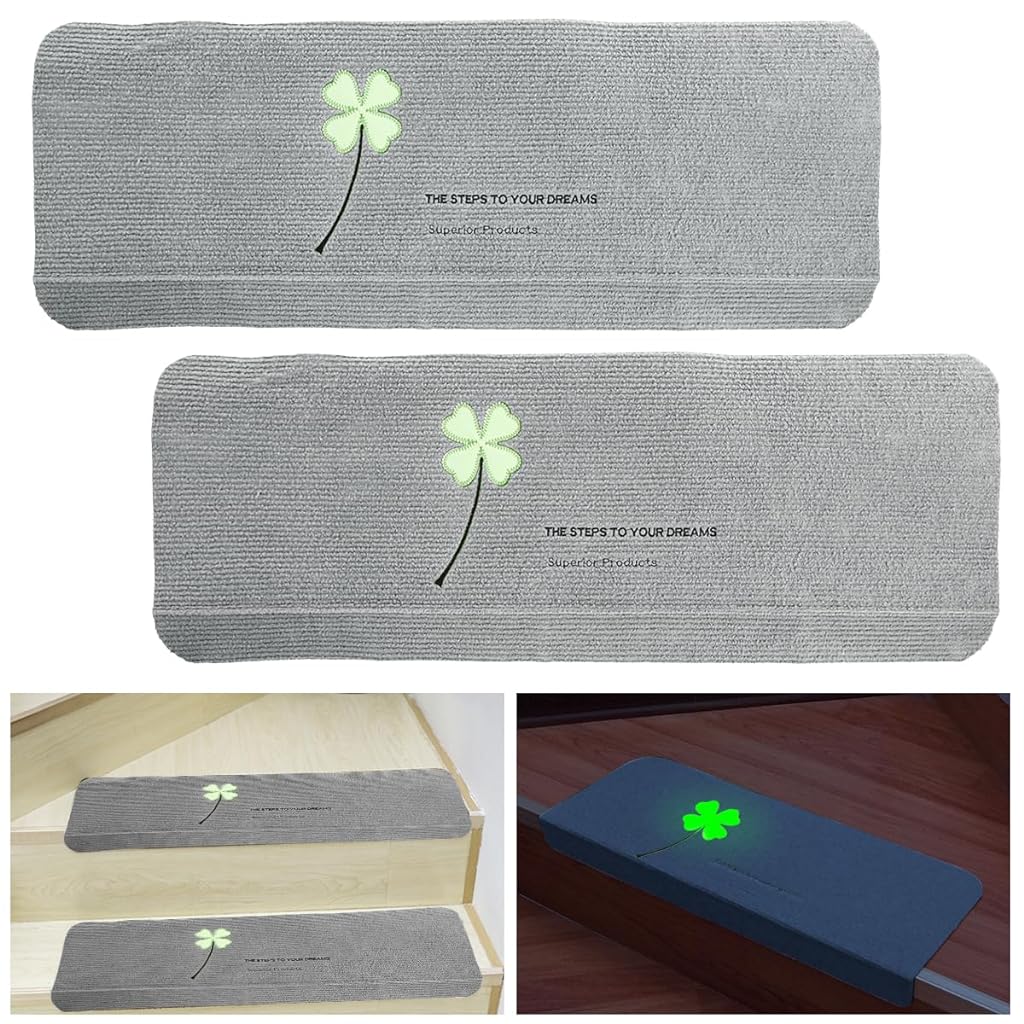 2pcs Luminous Stair Mat Nonslip TPR Stair Pads for Home Safety Stair Mat Self Adhesive Stair Mat with Glow in Dark Four Leaf Clover Safety Stair Mat for Home Stair Decor, 55 x 22cm