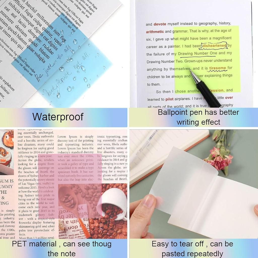 650 Sheets Sticky Notes, Self Adhesive Transparent Sticky Notes, Pastel Clear Sticky Notes, See Through Coloured Translucent Sticky Notes for Students School Office Supplies