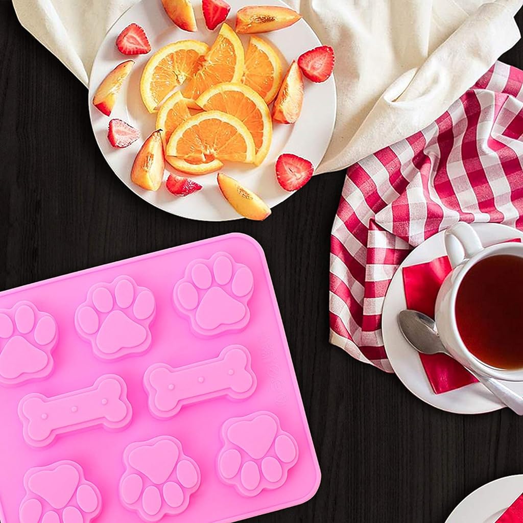 3 Pieces Silicone Molds Puppy Dog Paw & Bone Shaped 2 in 1, 8-Cavity, Reusable Ice Candy Trays Chocolate Cookies Baking Pans