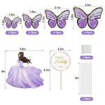 Cake Decoration Items 56Pcs Set, Cute Butterfly for Cakes with Happy Birthday Cake Toppers for Girls Birthday Party Decor, Cute Cake Decorating Items Combo Pack - Purple