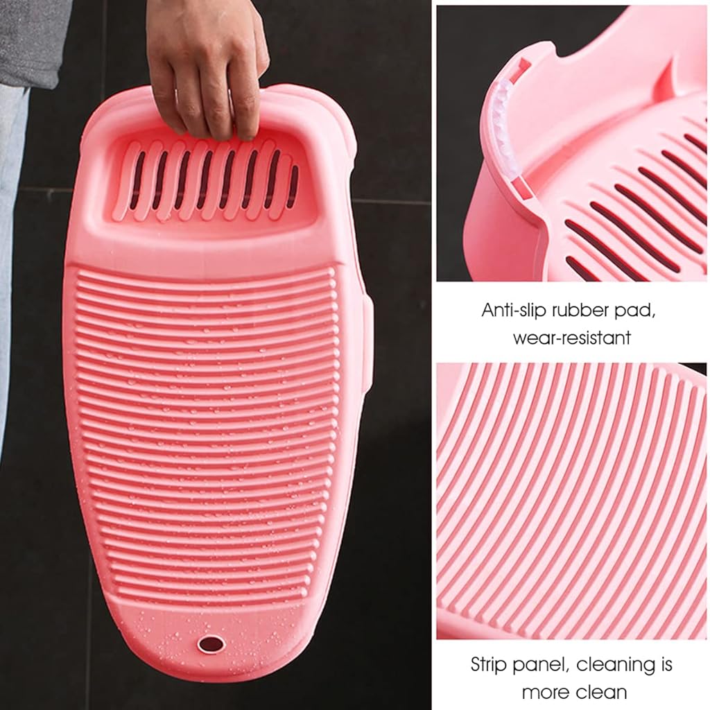 HASTHIP® Washboard Washing Clothes Anti-Slip Hand Wash Board with Soap Holder Scrubbing Pad Hangable Laundry Board for Underwear Kid Clothes Shirts Hand Towels Baby Bib Socks 44 * 21cm Pink