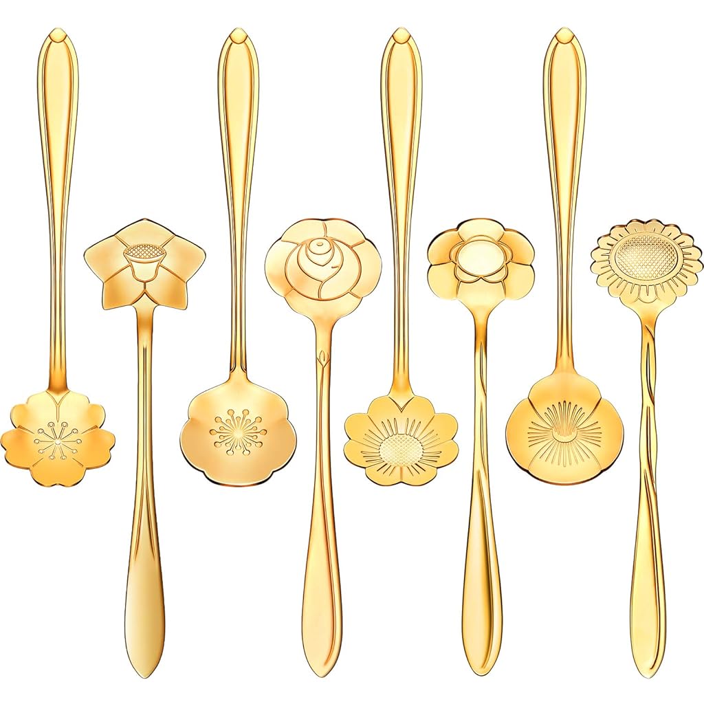 8 Pieces Flower Spoon Coffee Teaspoon Set, 410 Stainless Steel Tableware, Reusable Sugar Spoon Tea Spoon Stir Bar Spoon Stirring Spoon, 8 Different Patterns (Golden)