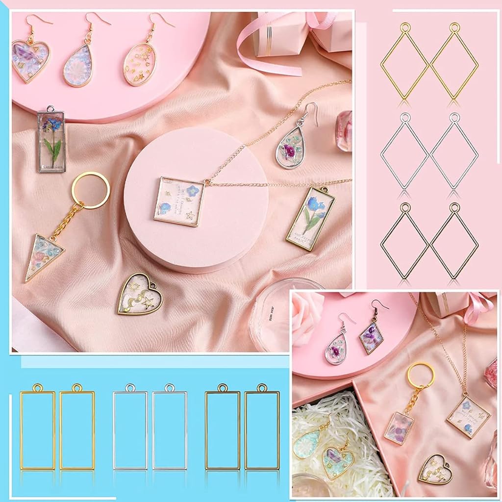 55Pcs Resin Pendant Mould, Mini Frame Pendants, Charm Pendant Metal Resin Moulds Kit For Key Chain Earring Necklaces Bracelet Diy Crafts, Multi-coloured