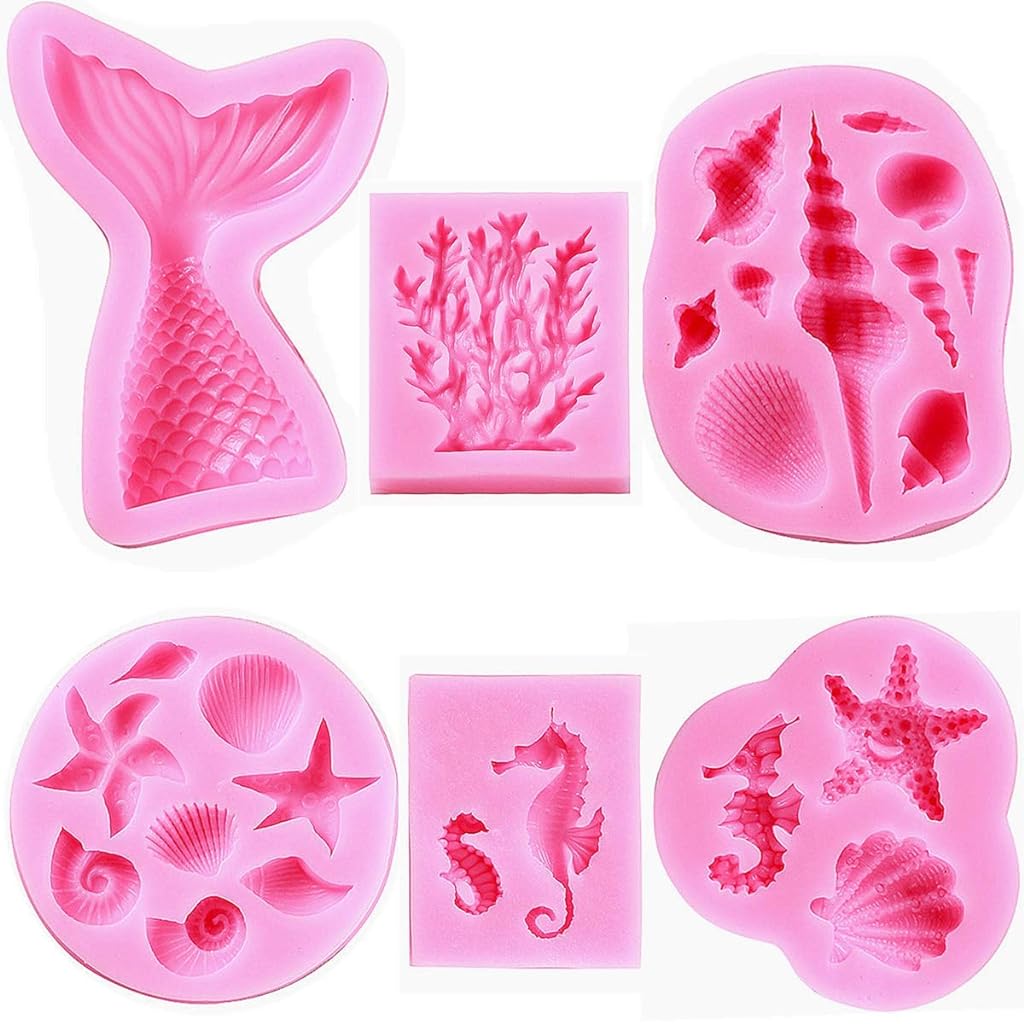 Fondant Silicone Mold,Seashell,Conch, Mermaid Tail,Seahorse,Starfish,Coral, DIY Handmade Baking Tools for Mermaid Theme Cake Decoration(6pack)