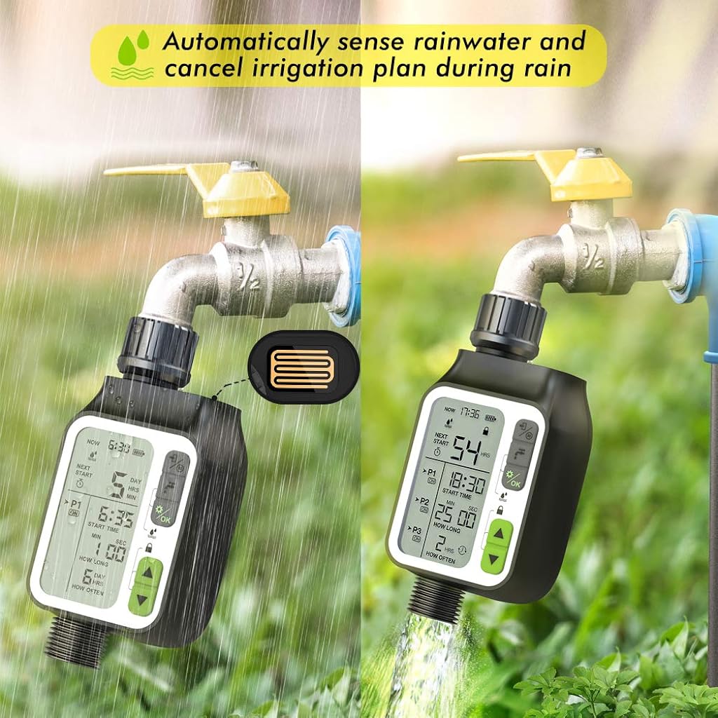 Drip Irrigation Timer for Garden Farm, Irrigation Water Timer with Rainy Sensor + Multi Programs Automatic Watering System, Waterproof Digital Irrigation Timer System for Lawns