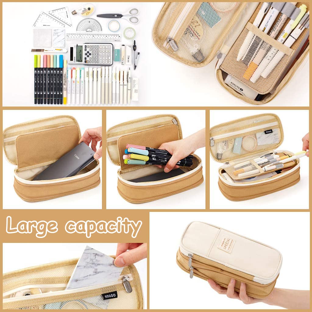 Large Capacity Pencil Case, Durable Storage Multiple Compartment Double Zipper Portable Capacity Pencil Pouch for College Student Teen, 22x11cm (Khaki)