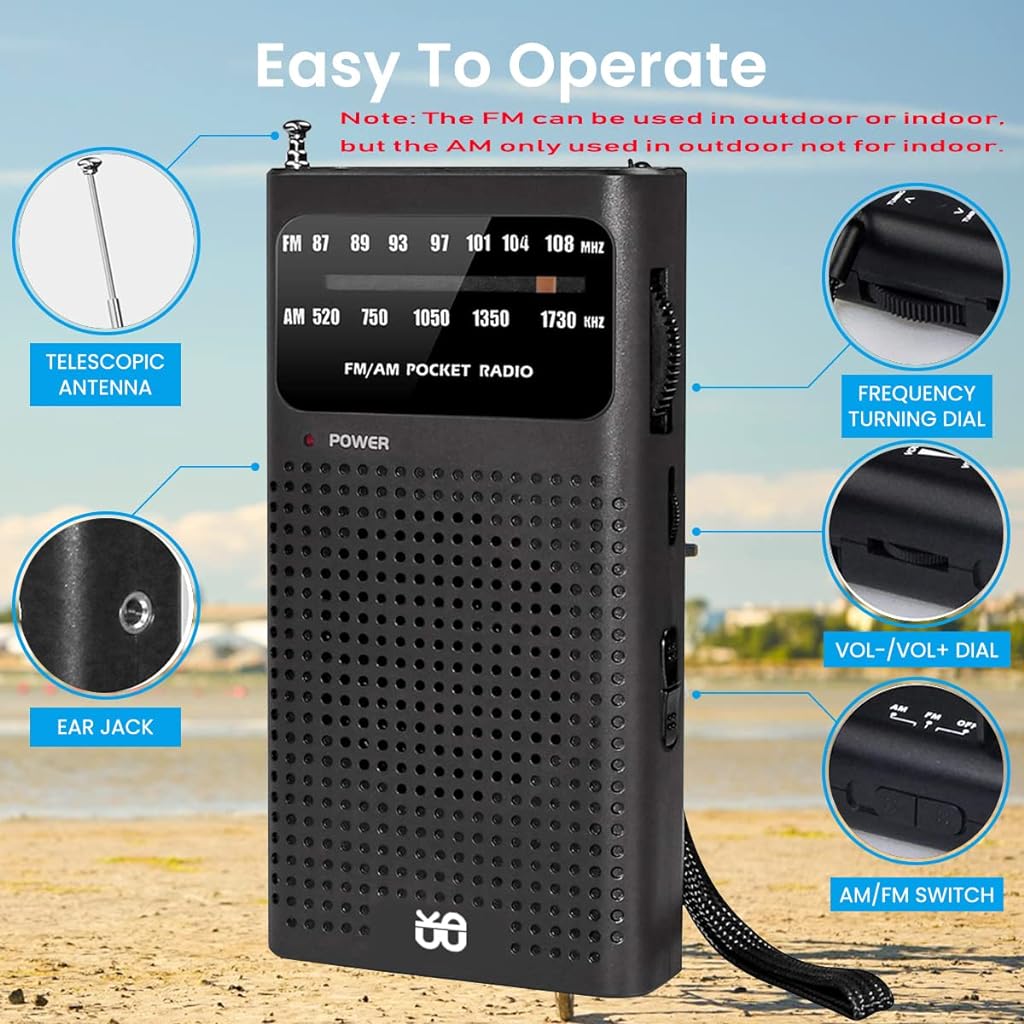 Portable HiFi AM/FM Radio Pocket Radio Player Operated Portable Radio with Speaker, 3.5mm Headphone Jack, 2AA Battery Powered Radio Operated with Long Range Reception for Indoor Outdoor Emergency Use