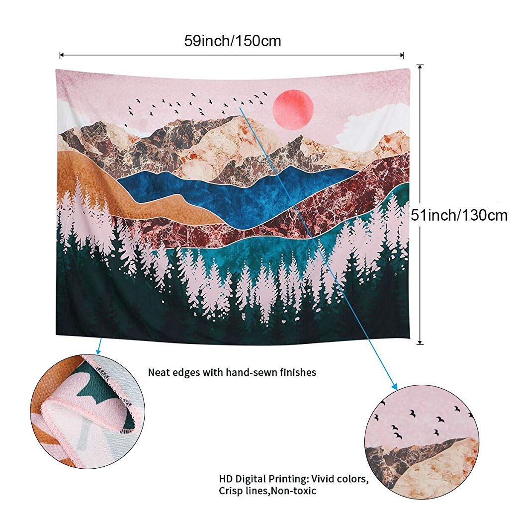 Sunset Forest Tree Mountain Tapestries Wall Hanging Psychedelic Nature Landscape Tapestry (130X150cm) multicolor