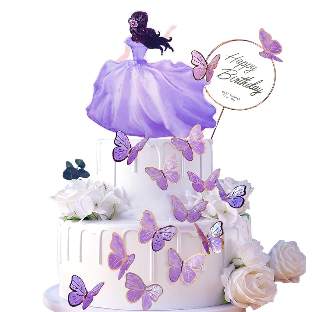 Cake Decoration Items 56Pcs Set, Cute Butterfly for Cakes with Happy Birthday Cake Toppers for Girls Birthday Party Decor, Cute Cake Decorating Items Combo Pack - Purple