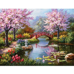 HASTHIP® DIY 5D Diamond Painting by Number Kits Full Drill Rhinestone Embroidery Cross Stitch Pictures Arts Craft for Home Wall Decor,Peach Blossom Bridge-11.8x15.8In (Color 1)