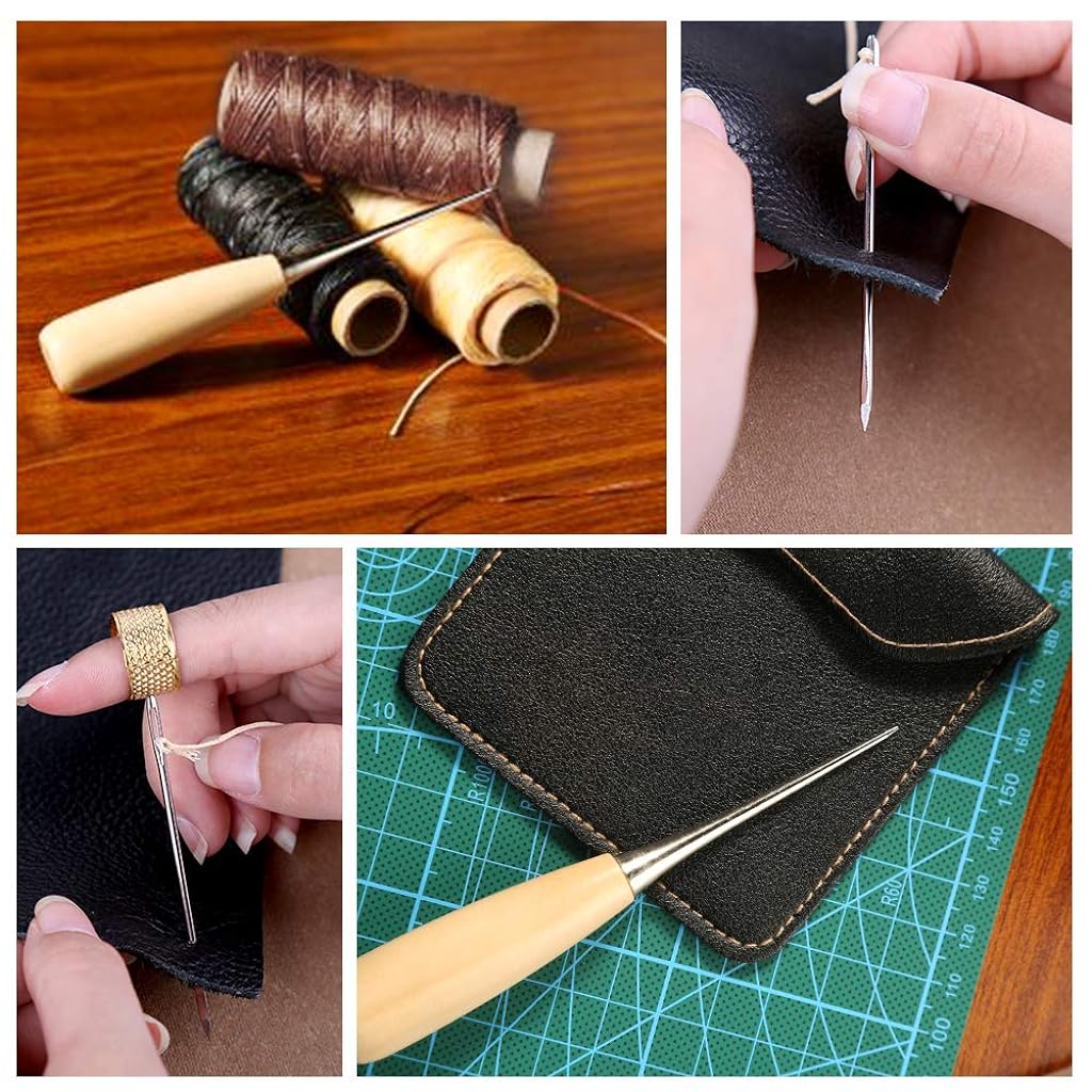 12 PCS Leather Sewing Repair Kit Leather Sewing Waxed Thread with Leather 7 Pcs Stitching Needle Tape Measure Sewing Awl for Leather DIY Stitching Repair Sewing Sofas Carpet Furs Sewing