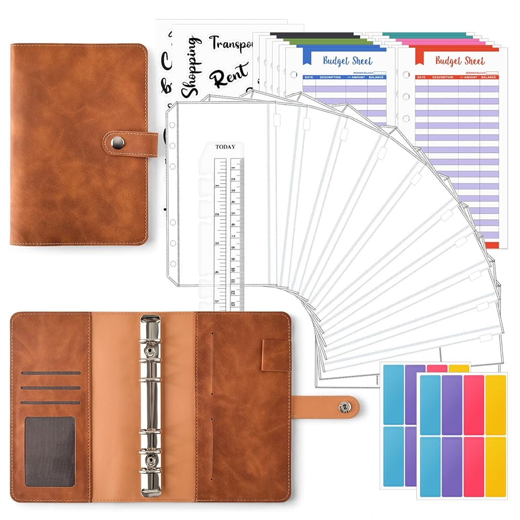 File Folders for Documents Ring Binder Notebook Set, A6 PU Leather File Folder with 12 Envelopes, 12 Budget Sheets, 2 Label Stickers, 1 Ruler, Executive File Clip Stationery Supplies