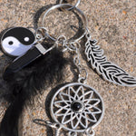 Dreamcatcher with Black Agate & Feather Charm Keyring - Black and Silver