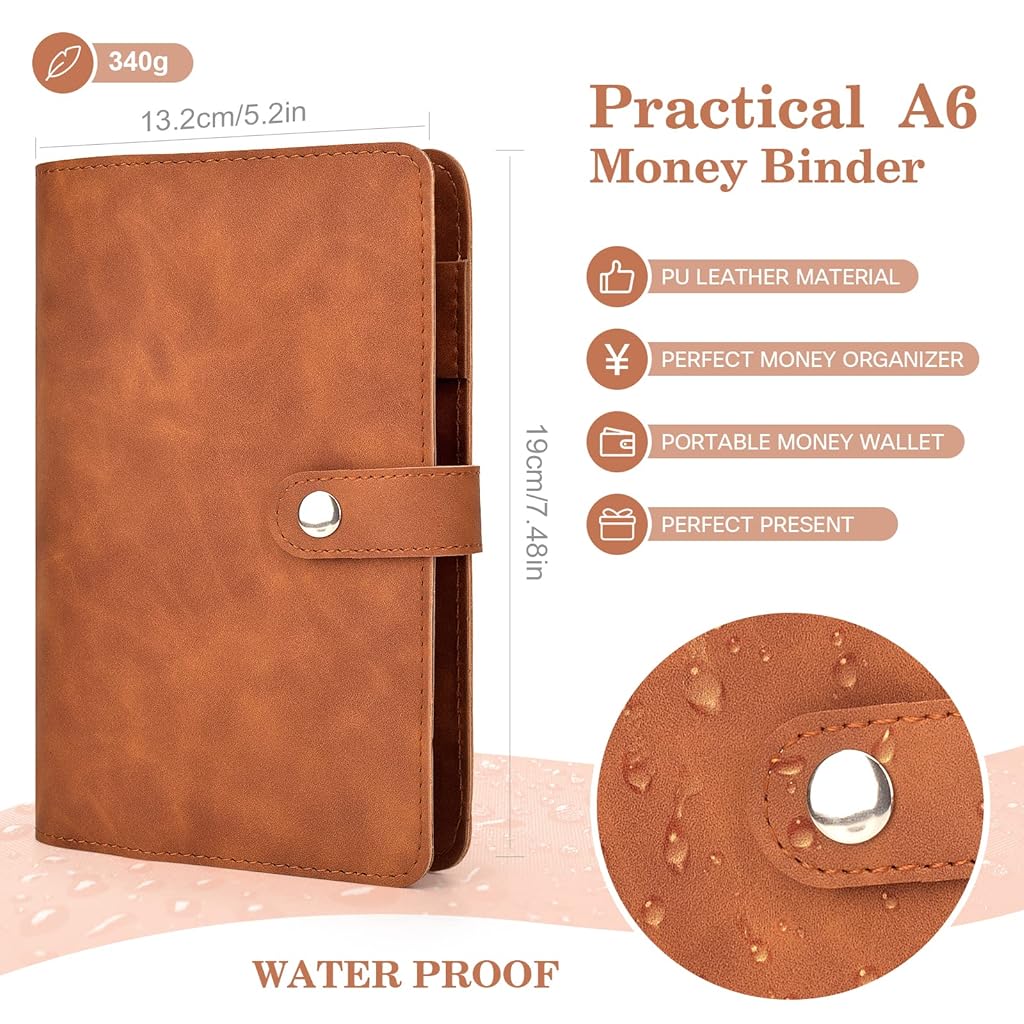 File Folders for Documents Ring Binder Notebook Set, A6 PU Leather File Folder with 12 Envelopes, 12 Budget Sheets, 2 Label Stickers, 1 Ruler, Executive File Clip Stationery Supplies