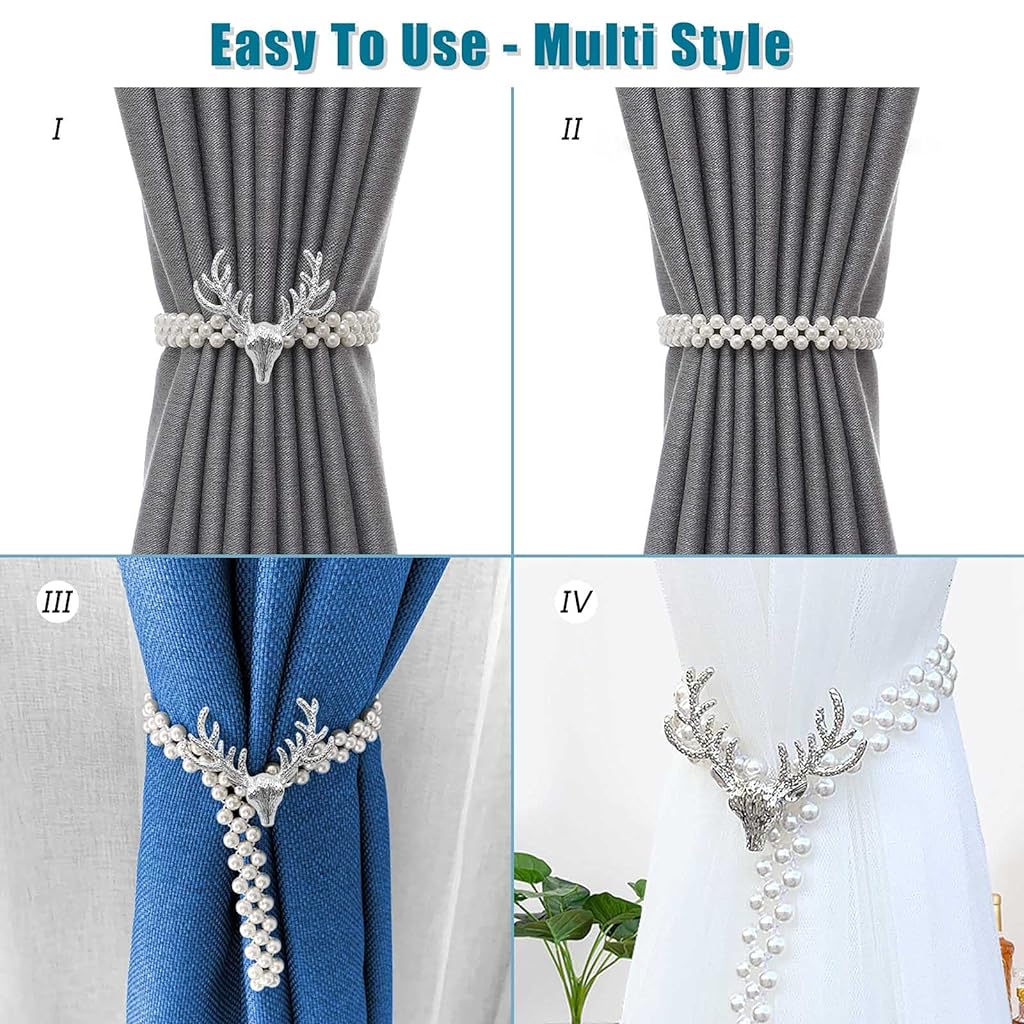 2pcs Curtain Holders Tieback Metal TieBacks with Classy Small Pearl Elastic Rope Curtains Tie Backs for Home Office Hotel Window Drape Decor (Silver)