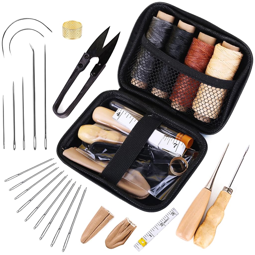 Leather Sewing Kit, Leather Working Kit with Large-Eyed Stitching Needles, Waxed Thread, Leather Upholstery Repair Kit, Leather Sewing Tools for DIY Leather Craft with Storage Bag