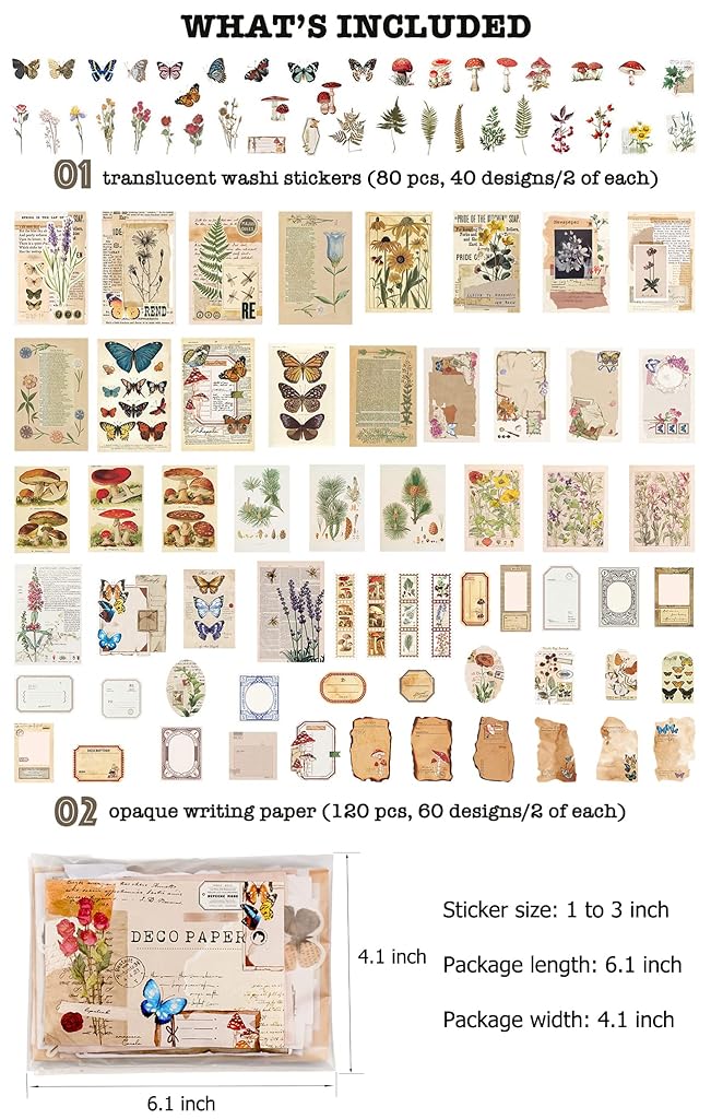 200pcs Vintage Journal Supplies Pack for Scrapbook Supplies Art Journaling Bullet Junk Journal Planners DIY Paper Stickers Craft Kits Notebook Collage Album Aesthetic, Gold