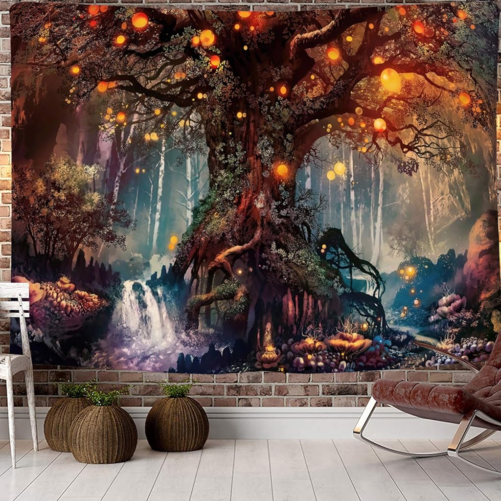 Tree of Life Tapestry, Magical Forest Tapestry Polyester Tapestries Psychedelic Wall Tapestry TV Background Tapestry for Bedroom (50X60 Inches)( Brown)