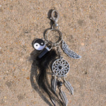 Dreamcatcher with Black Agate & Feather Charm Keyring - Black and Silver