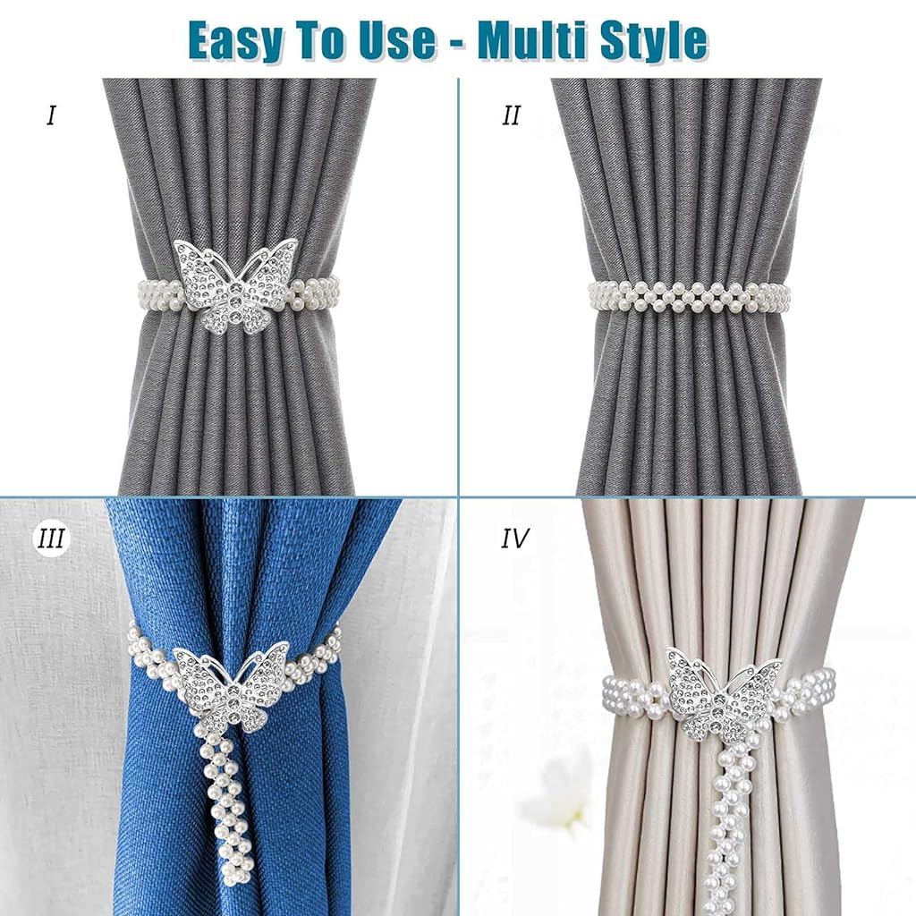 2pcs Curtain Tie Backs Metal TieBacks with Classy Small Pearl Elastic Rope Curtain Holders Tieback for Home Office Hotel Window Drape Decor (Silver)