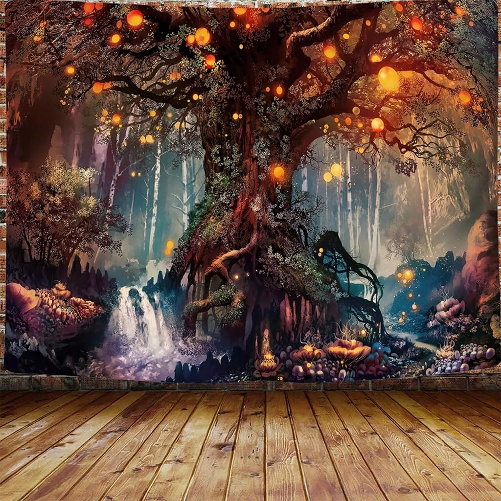 Tree of Life Tapestry, Magical Forest Tapestry Polyester Tapestries Psychedelic Wall Tapestry TV Background Tapestry for Bedroom (50X60 Inches)( Brown)