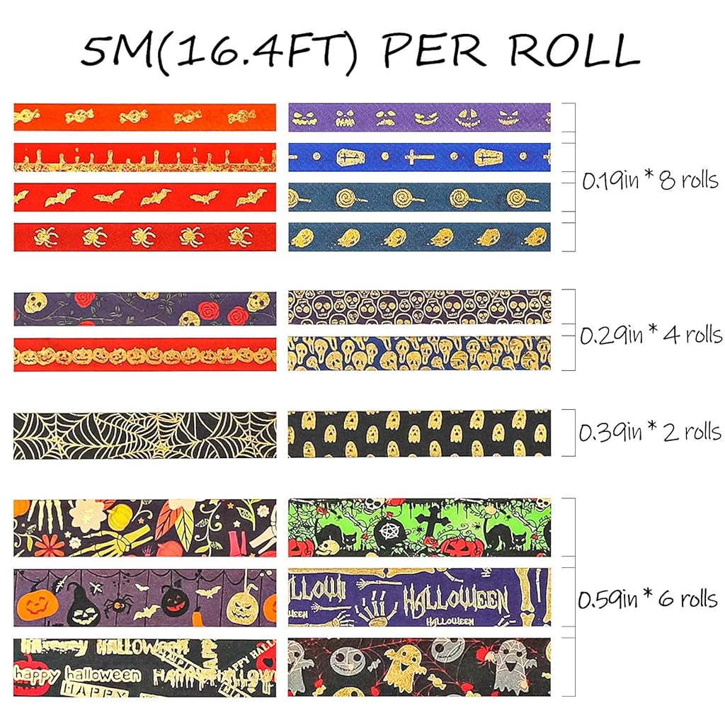 20 Roll Washi Tape Halloween Element Washi Tape Set Aesthetic Decorative Tape Washi Tape Set with Skull, Black Bat, Pumpkin Perfect for Bullet Journal, Scrapbook,Junk Journal