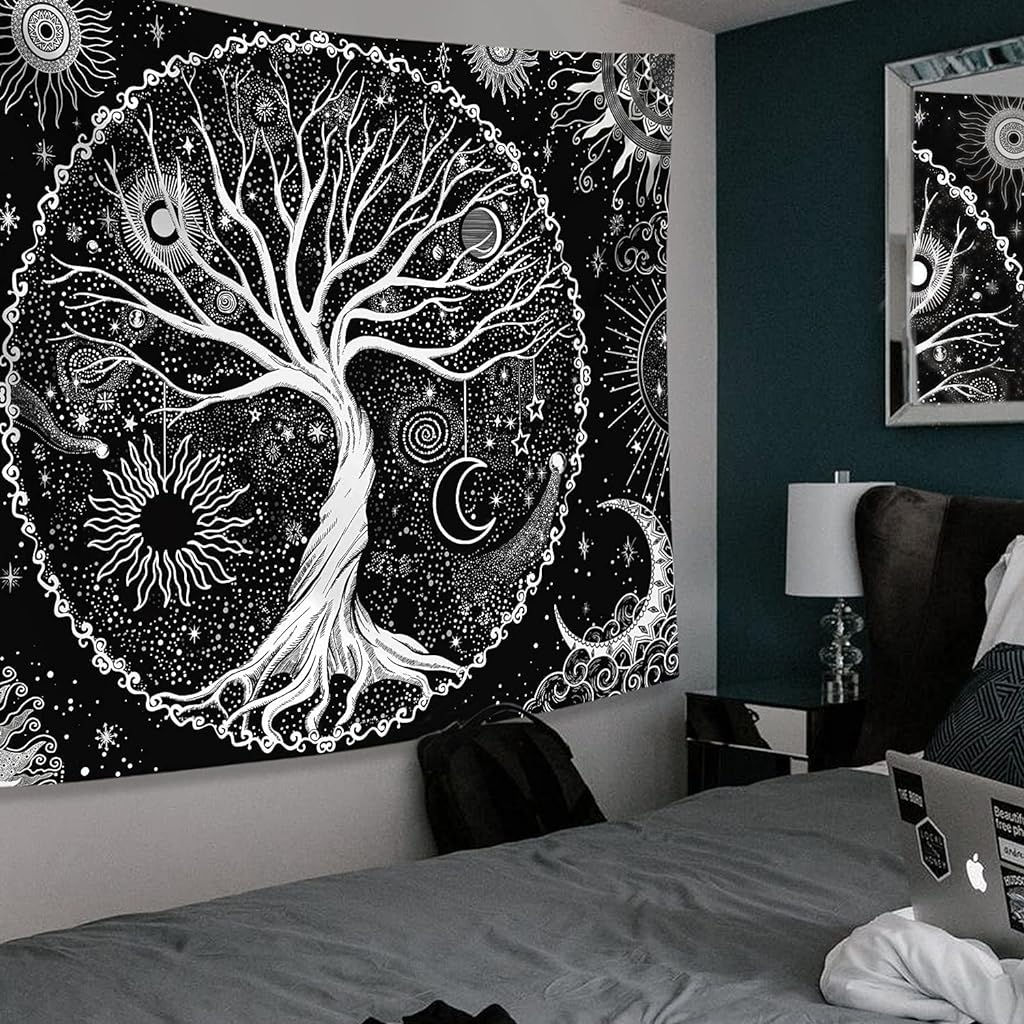 Tree of Life Tapestry Black and White Tapestry Galaxy Space Tapestry Black Aesthetic Tapestry Wall Hanging for Bedroom (50×60 Inches)