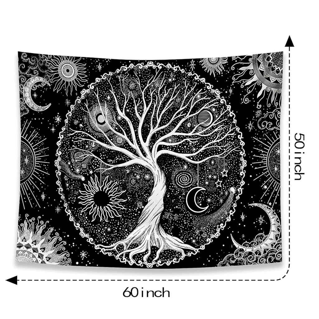 Tree of Life Tapestry Black and White Tapestry Galaxy Space Tapestry Black Aesthetic Tapestry Wall Hanging for Bedroom (50×60 Inches)