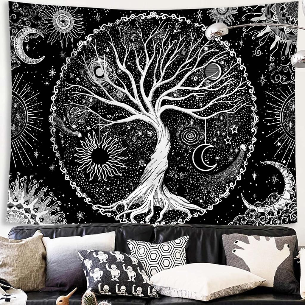 Tree of Life Tapestry Black and White Tapestry Galaxy Space Tapestry Black Aesthetic Tapestry Wall Hanging for Bedroom (50×60 Inches)