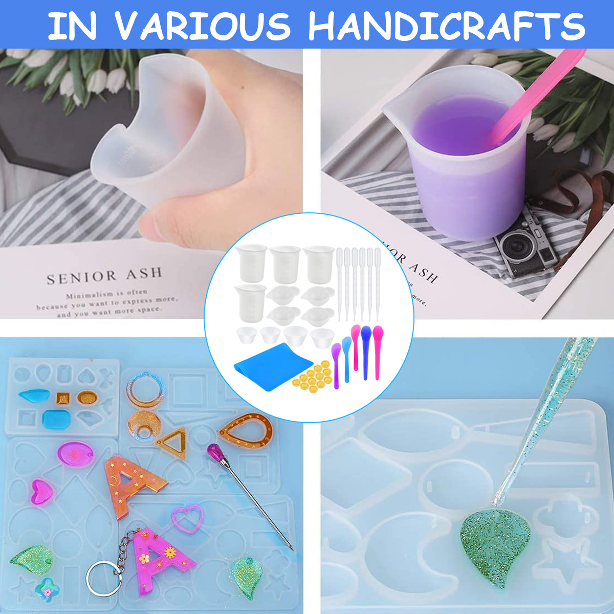 Silicone Resin Measuring Cups Kit with Mixing Bowl, Stir Sticks, Spoons, Droppers, Finger Cots, Coloring Cups, Silicone Mould Measurement Cups for DIY Resin Craft Jewelry Making(36pcs)