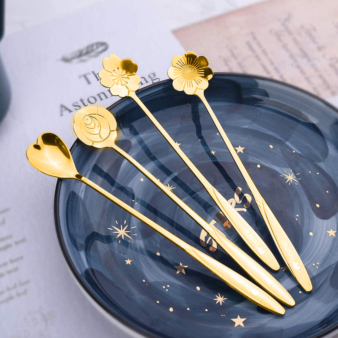 HASTHIP® Golden Spoon Set/Coffee Spoon/Dessert Spoon/Cutlery Kitchen Tableware/Stainless Steel Gold Flower Shape Coffee Spoon with Package Bag, 18cm, 4 Pcs Different Coffee Spoon
