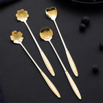 Golden Spoon Set/Coffee Spoon/Dessert Spoon/Cutlery Kitchen Tableware/Stainless Steel Gold Flower Shape Coffee Spoon with Package Bag, 18cm, 4 Pcs Different Coffee Spoon