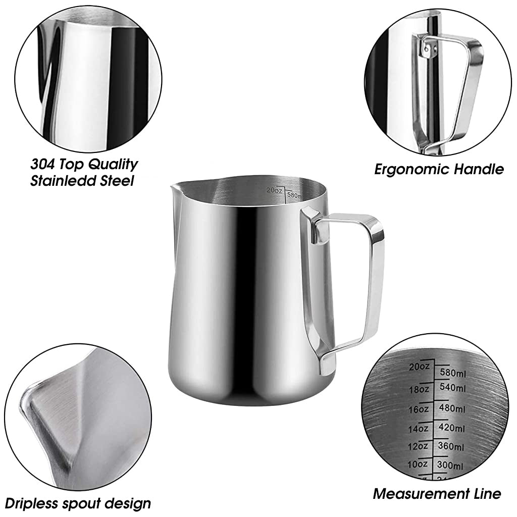 20oz Milk Frothing Pitcher with Scale Stainless Steel Espresso Milk Frothing Pitchers for Cappuccino Barista Steam Pitchers Milk Jug Cup with Decorating Pen Latte Art