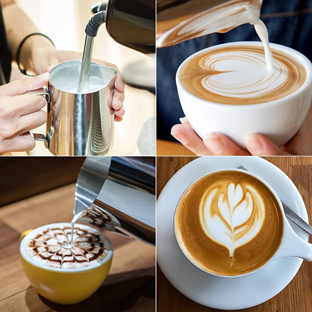 20oz Milk Frothing Pitcher with Scale Stainless Steel Espresso Milk Frothing Pitchers for Cappuccino Barista Steam Pitchers Milk Jug Cup with Decorating Pen Latte Art