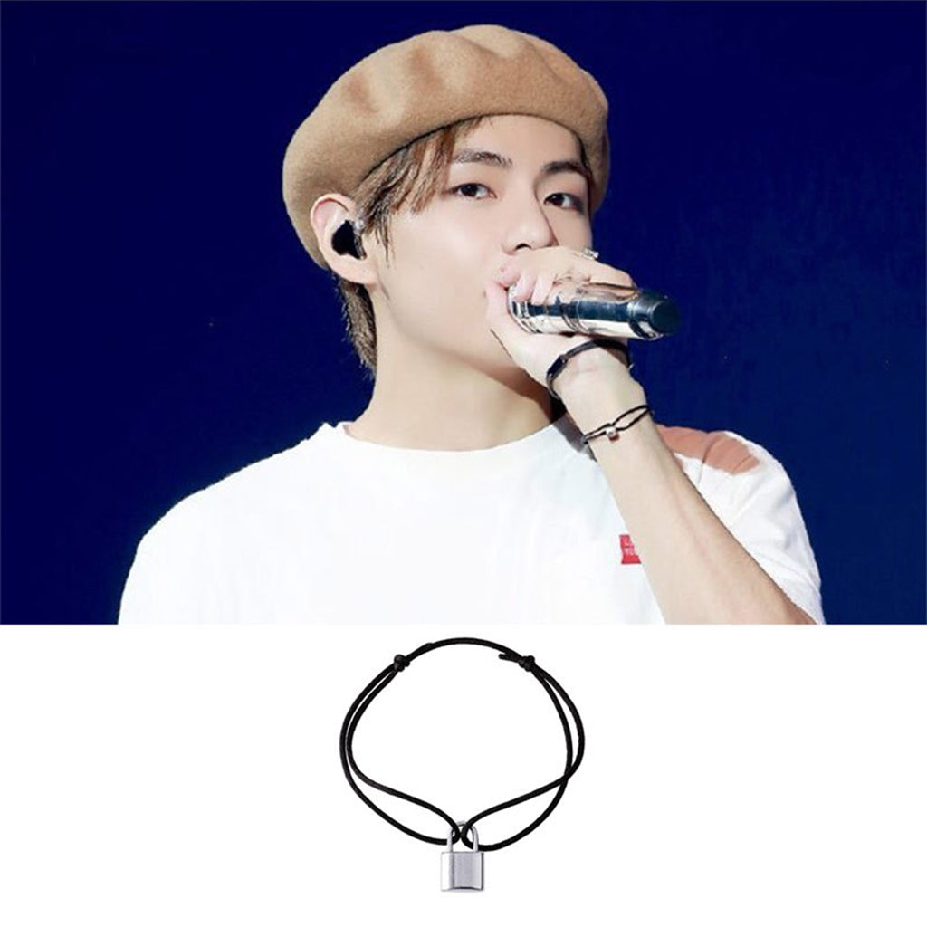 BTS Bangtan Hip-Hop V Same paragraph Bracelets Lock Shape Silver With Rope for Cool Boy,Girls,Men,Women,Fans for Any Scene Party