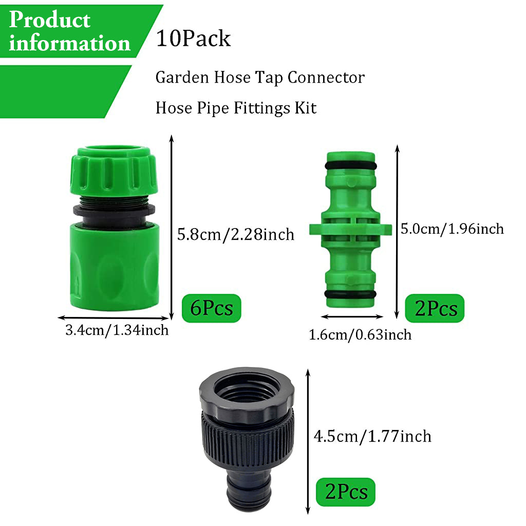 10Pcs Hose Pipe Connector for Tap & Garden Hose, Universal Tap Connector with 2 Double Male Snap Connector & 6 Hose End Quick Connector & 2 Hose Tap Connector, Suit for 1/2in 3/4in