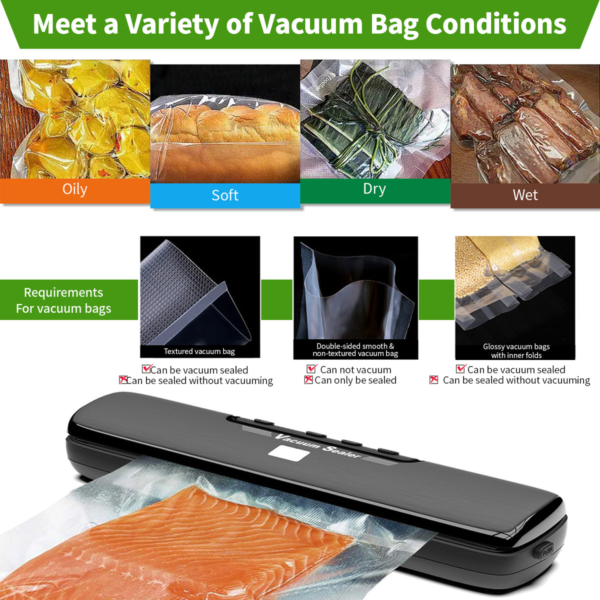 Vacuum Sealer Full Automatic Food Sealing Machine with Manual Vacuum Dry & Moist Food Modes, Compact Food Vacuum Sealer with 10 BPA-Free Seal Bags for Meat, Vegetable, Fruit