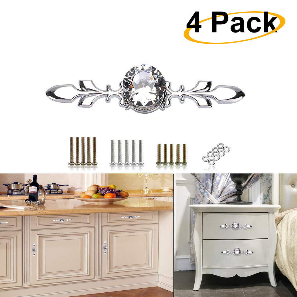 4 Pack Drawer Knobs Pull Handles - Crystal Glass Diamond Decorative Knobs with Plate, Cupboard Handles Door Handles for Wardrobe with Screws (White)