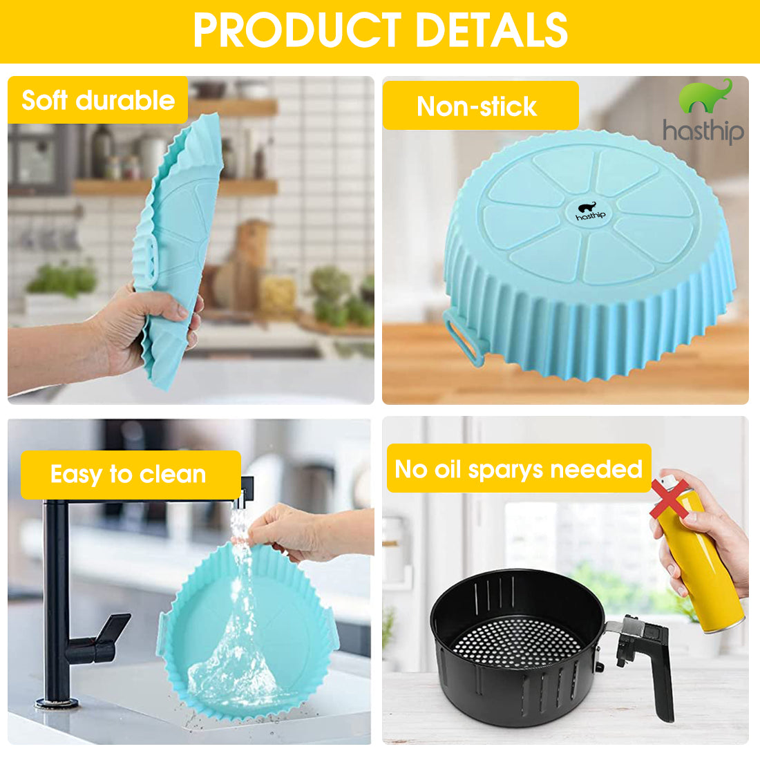 HASTHIP® Air Fryer Reusable Silicone Pot, 6.8 inch Non-Stick Silicone Air Fryer Liners with Ear Handles, Air Fryer Accessories, Round Air Fryer Oven Pot Foodgrade Silicone Heat Resistant (Blue)