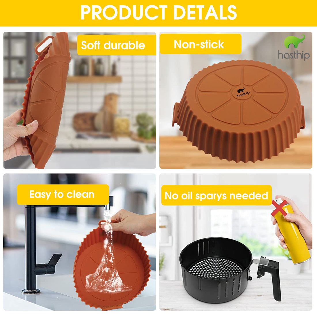 Air Fryer Reusable Silicone Pot, 6.8 inch Non-Stick Silicone Air Fryer Liners with Ear Handles, Air Fryer Accessories, Round Air Fryer Oven Pot Foodgrade Silicone Heat Resistant (Brown)