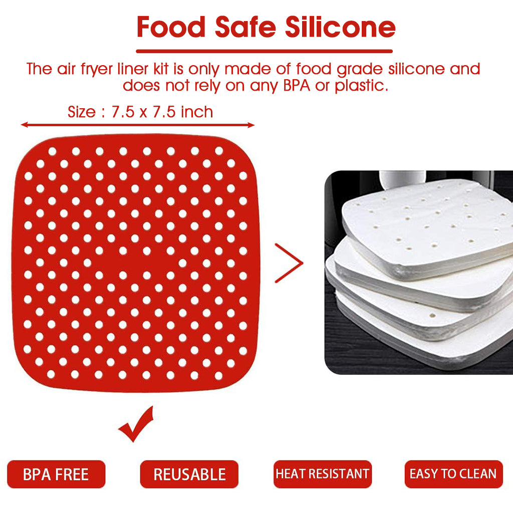 Reusable Silicone Air Fryer Liners, 8.5 Inch Non-Stick Easy Clean Air Fryer Accessories, Square Air Fryer Oven Pads Foodgrade Silicone Heat Resistant (1 Red + 1 Black)