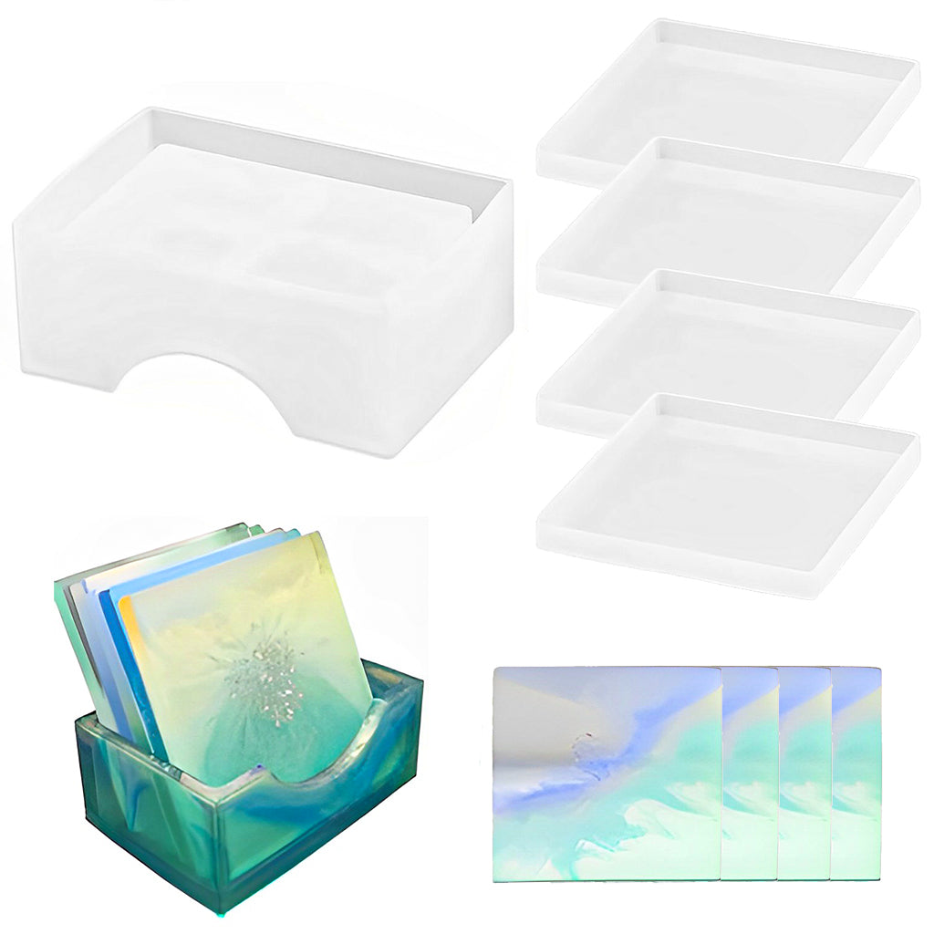 4 Pcs Resin Moulds with Stand Storage Mould for Make Coaster, Creative Square Shape Silicone Moulds Epoxy Resin Art Kit for Resin Casting Coasters, DIY Crafts, Home Decor